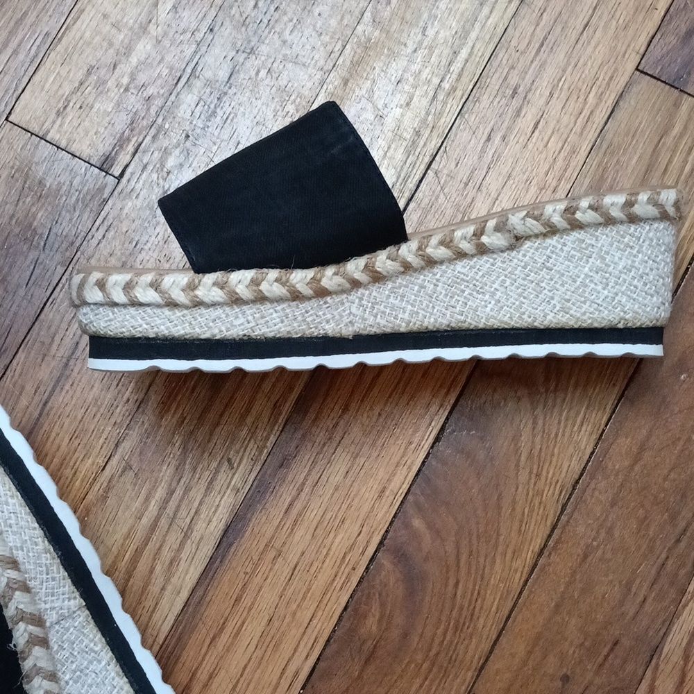 Black Espadrille Platform Slide Sandals with Gold Accent - Picture 7 of 8